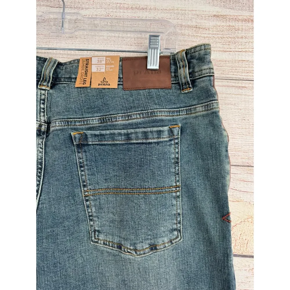 prAna Axiom Straight Leg Jeans‎ Mens 38x32 Blue Medium Wash Denim NEW